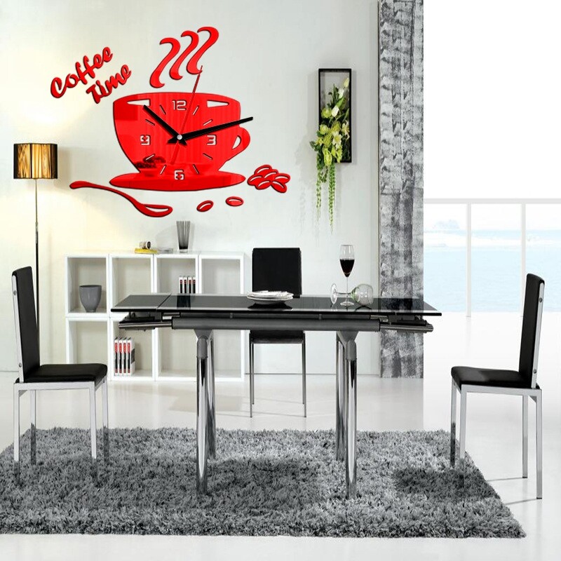 Creative 3D DIY Coffee Time Clock Acrylic Wall Clock Modern for Kitchen Home Decor Cup Shape Wall Sticker Hollow Numeral Clock
