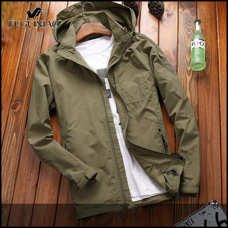 FUGUINIAO Waterproof Windproof Wear-resistant Jacket Hat Can Be Detachable Men's Outdoor Breathable Hooded Jacket