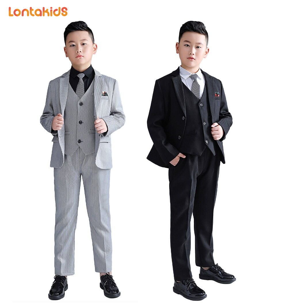 Lontakids 5PCs Kids Boys Plus Size Blazer Suit Black Gray Coat Formal Wedding Attire Birthday Party Tuxedo Gentleman Clothing Set