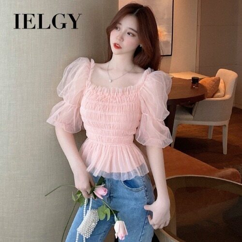 IELGY Square Neck Tight-fitting Thin White Chiffon Shirt Short Net Yarn Top