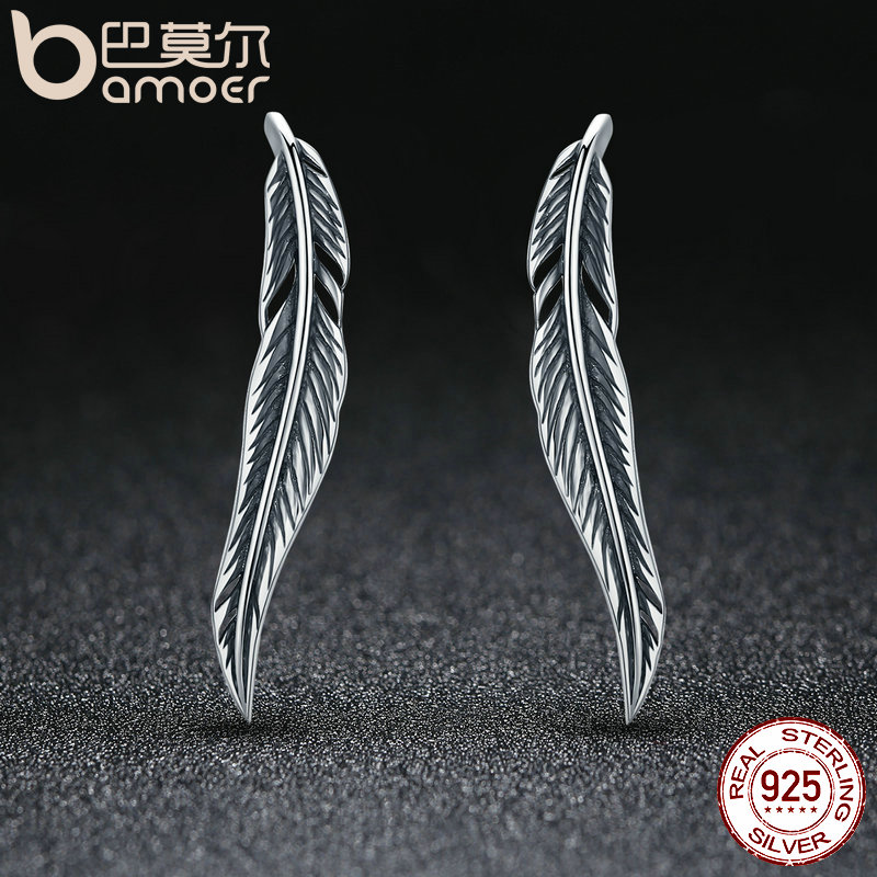 BAMOER Miễn Phí Vận Chuyển Bông Tai Dạng Hạt Hình Cánh Lông Vũ Bằng Bạc Ý 100% 925 Thật Với Đá CZ Trong Suốt Màu Trắng Cho Nữ Trang Sức Kỷ Niệm SCE258
