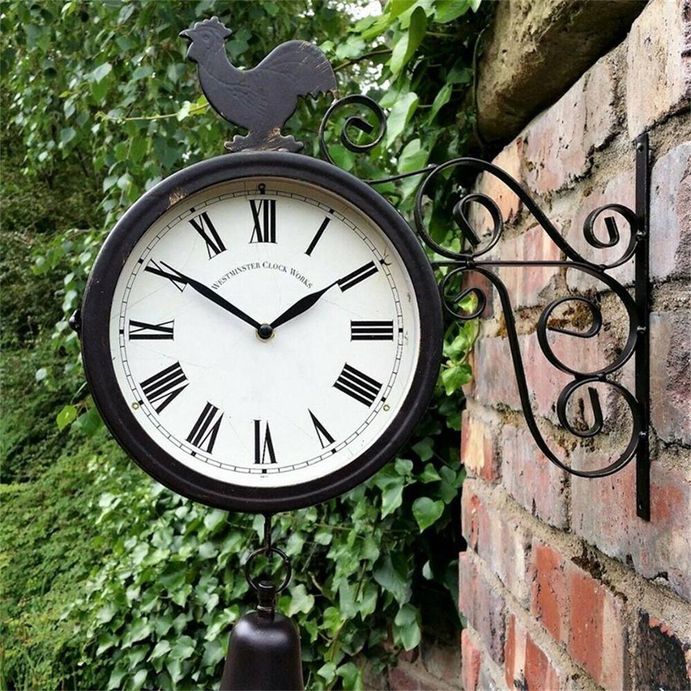 VHGG Garden Home Decor Cockerel Pattern Rust Copper Effect Vintage Wall Station Clock Double sided Bracket Double Sided Wall Clock Metal Clock