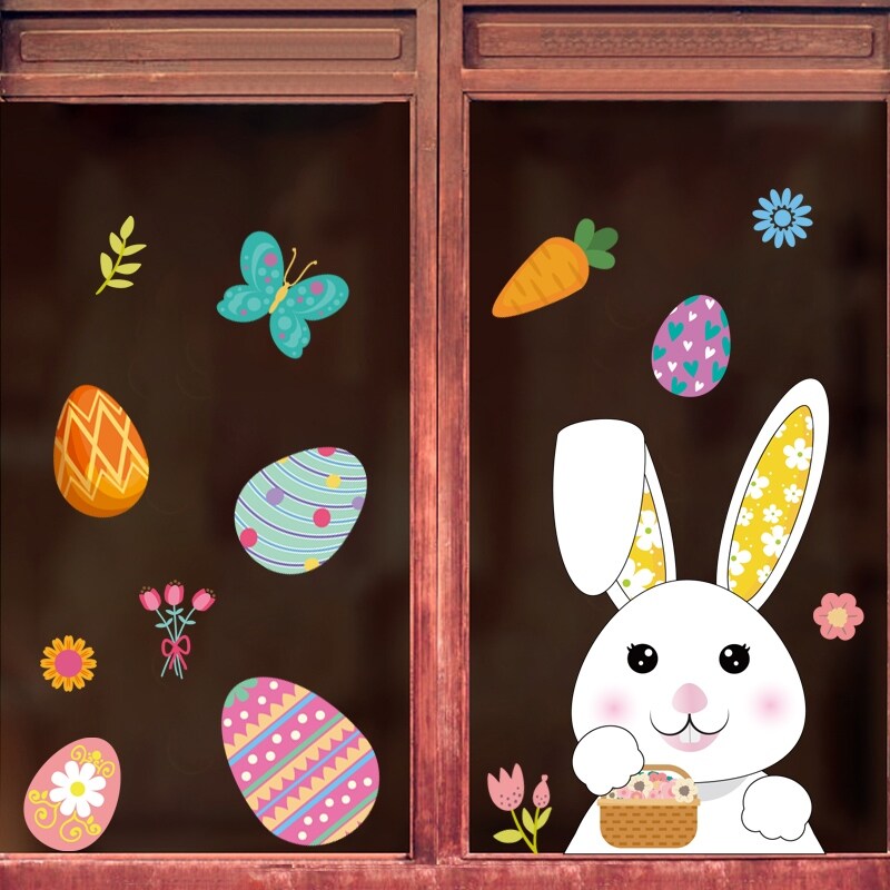 【HOT】 Happy Easter Window Stickers Rabbit Eggs Chick Wall Stickers Easter Decorations for Home 2022 Easter PartyWall Decals