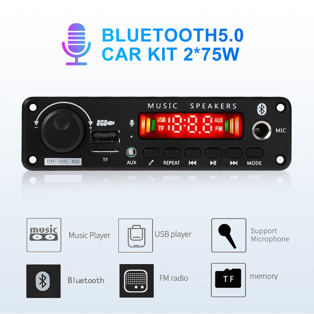 150W DIY Amplifier Bluetooth Decoder Board 12V 6.5mm Microphone FM Radio TF USB Car Audio Music Player Speakers Volume Control