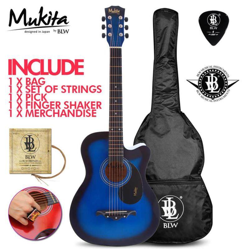 Mukita by BLW Standard Acoustic Folk Cutaway Basic Guitar Package 38 Inch for beginners with Bag, Pick, Finger Shaker and Merchandise Sticker (Blue) Malaysia