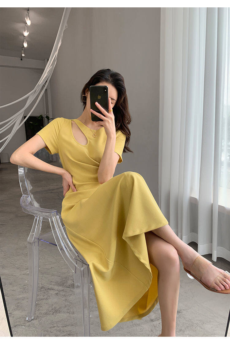 IELGY Đầm Màu Trơn Eo Cá Tính Phong Cách Pháp Cho Nữ