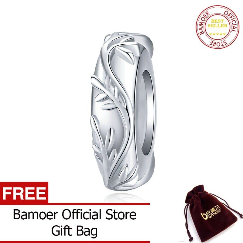 BAMOER Elegant Vine Leaf Stopper Charm with Silicone for 3mm Snake Bracelet or Bangle Sterling Silver 925 DIY Jewelry BSC142