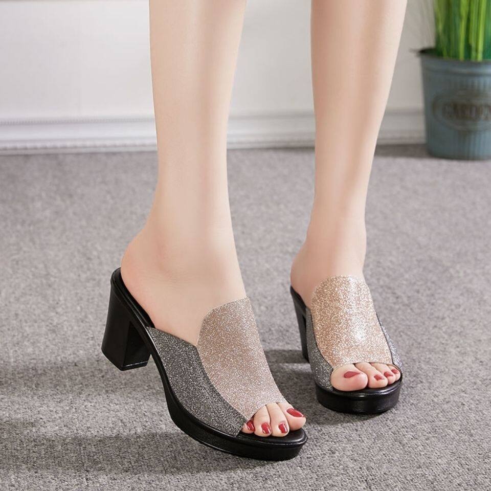 Women's Sandals Large Size High Heel Sandals Peep Toes Thick Heel High-Heeled Slippers Selipar
