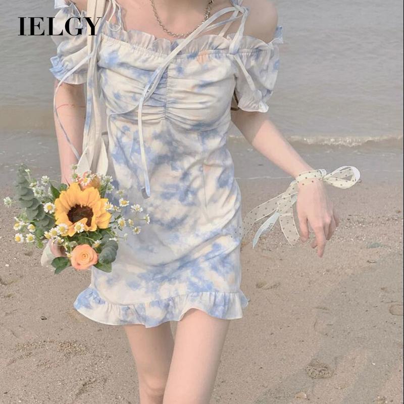 IELGY tie-dye dress for women high waist summer floral short suspender skirt