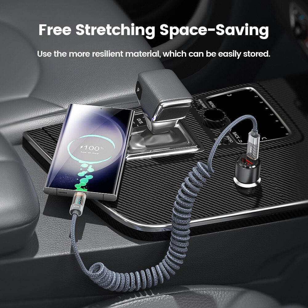 Toocki 100W Trong Suốt Loại C Để Loại C Sạc Nhanh Màn hình hiển thị kỹ thuật số Cáp 66W USB Để Loại C dữ liệu nhanh Cáp Với Mùa Xuân Có Thể Thu Vào
