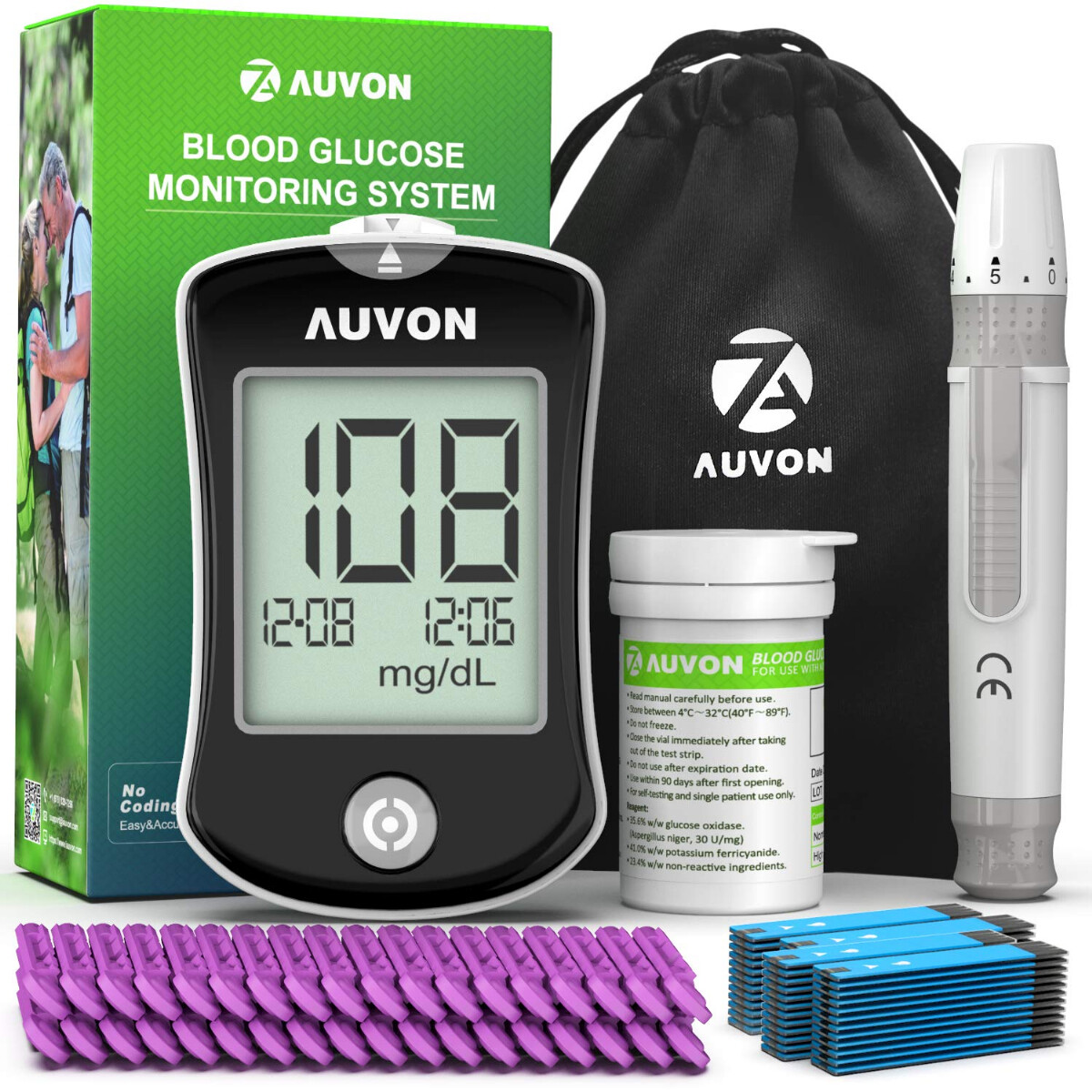 AUVON DS-W Blood Sugar Kit (No Coding Required), High-Tech Diabetes ...