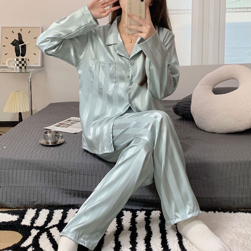 HengShanYuan Women's Pajamas Imitation Silk Long-sleeved Pajamas Vertical Stripes Korean Style Homewear