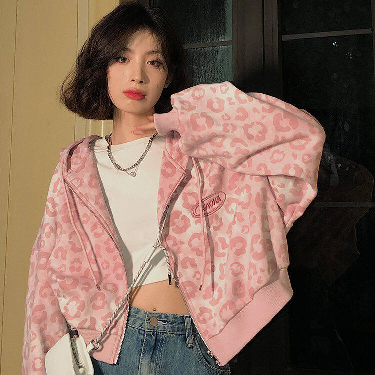 High-quality Pink Leopard Print Short Cardigan Jacket Women Coat