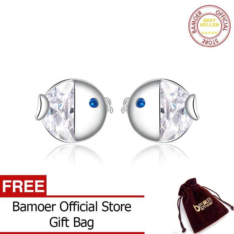 BAMOER Crystal Kissing Fish Stud Earrings for Women Ear Studs Jewelry for Girls Kids Birthday 925 Sterling Silver Jewelry BSE204