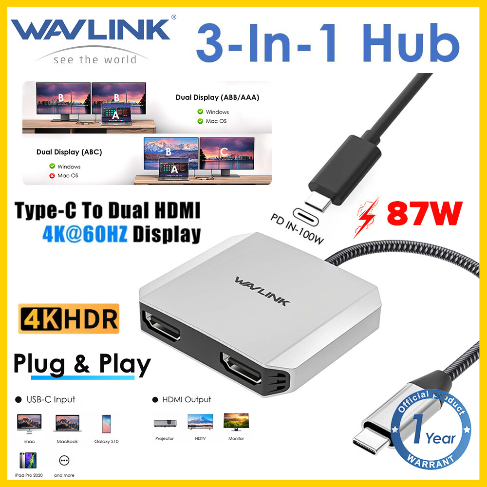 Wavlink USB-C To Dual 4K HDMI 3-in-1 Display Adapter Dual HDMI 4K 60hz ...