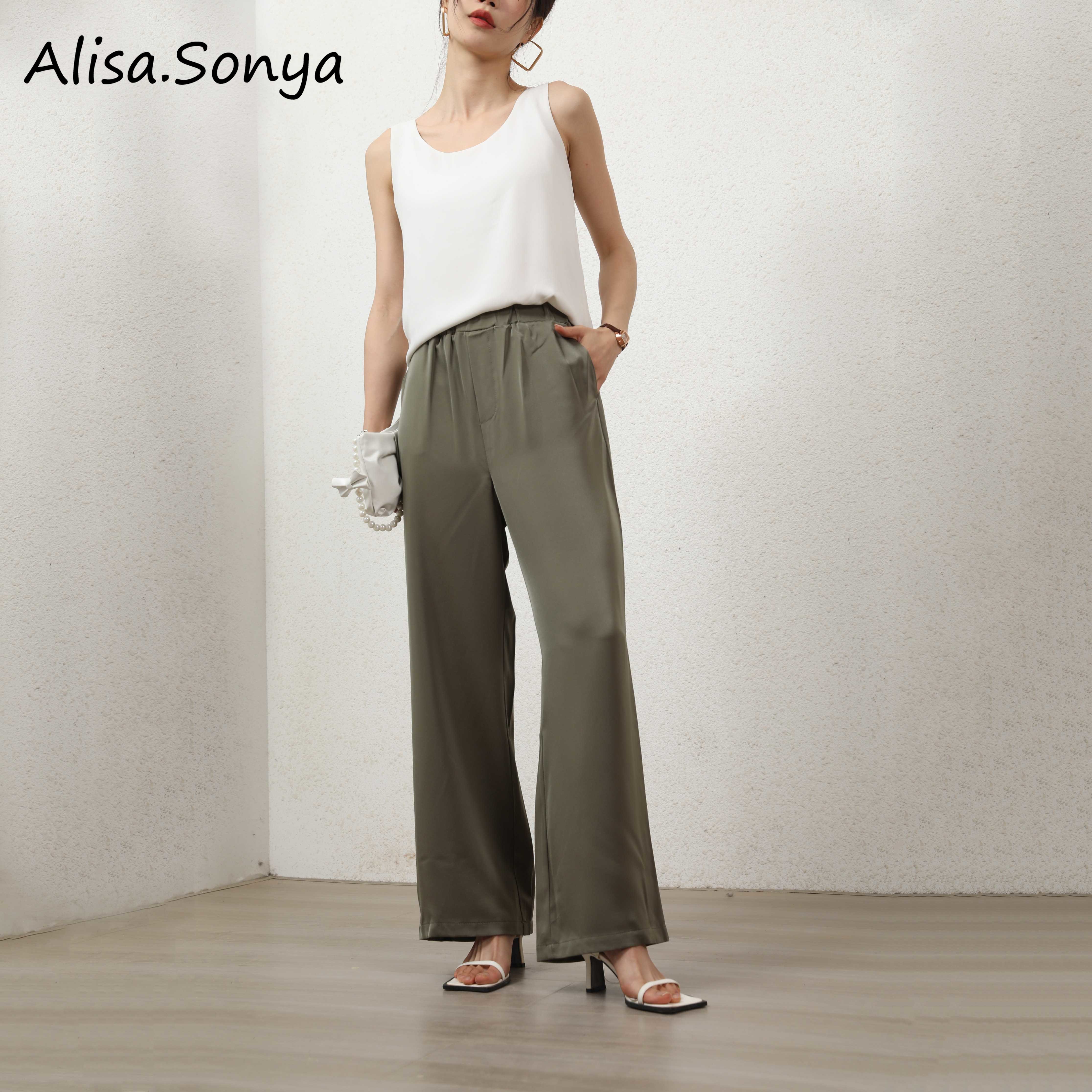 Alisa.Sonya Women's Wide Leg Satin Pants Casual Elastic Waist Loose Trousers with Pocket