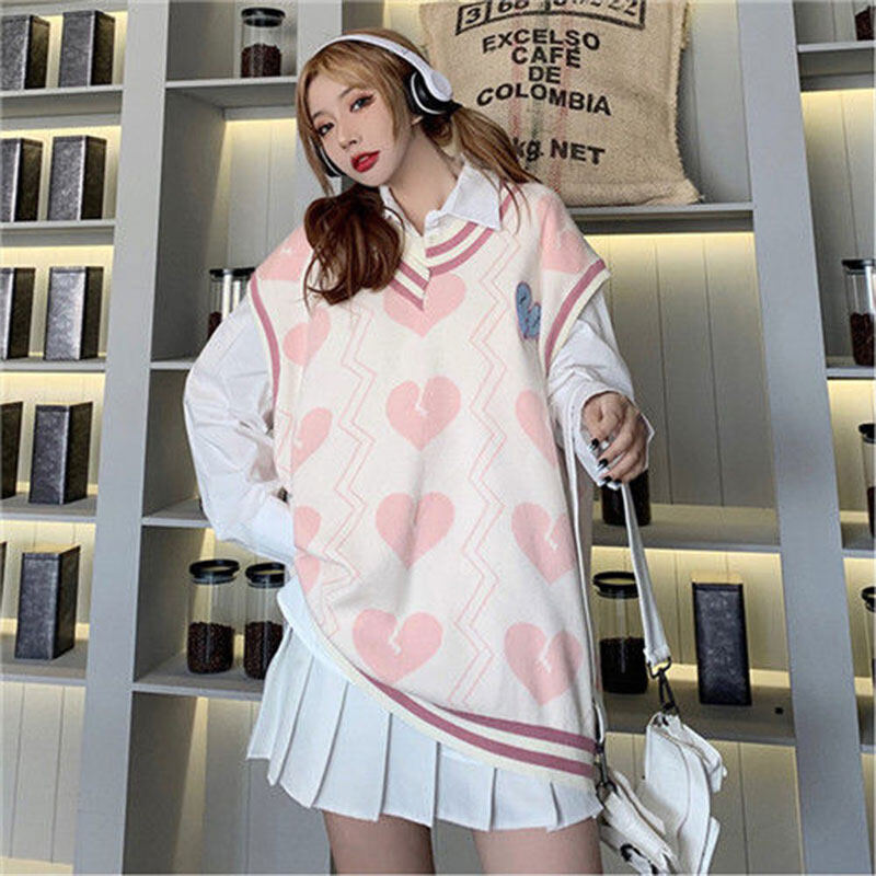 Hengshanyuan áo gi-lê tình yêu cổ chữ v áo gi-lê nữ sinh dáng rộng + áo sơ mi trắng hai mảnh
