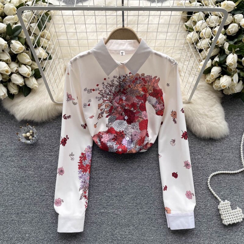Women Fashion Vintage Slim Long Sleeve Print Shirt Spring Autumn Lapel Single Breasted Long T-shirts