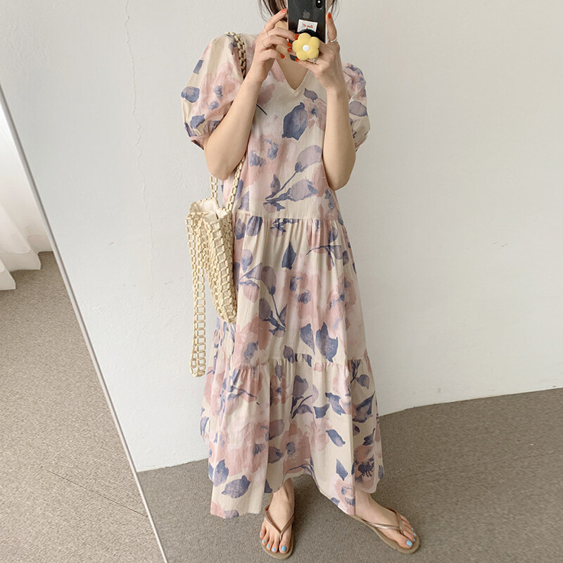 Hàn Quốc Chic Mùa Hè Kiểu Pháp Phong Cách Retro Nhuộm Loang Màu Cổ Chữ V Xếp Nếp Dáng Suông Rộng Qua Đầu Gối Dáng Dài Tay Bồng Đầm