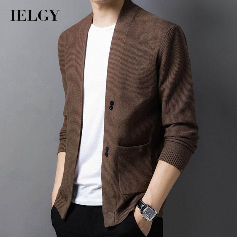 IELGY Men's clothing Coat Sweater Fashion Black Knitted Solid color Slim Long sleeve Cardigan