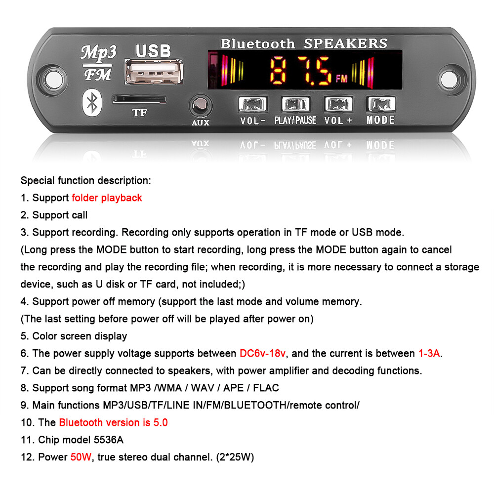 【6W Amplifier+BT 5.0+Recording】 DC 5V Wireless Bluetooth 5.0 MP3 WMA Decoder Board Audio Module USB FM Radio TF Record AUX Input For Car Home Audio