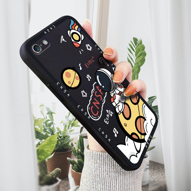 Jizetin Phone Case For iPhone 5 5s 6 6s Plus 7 8 7 Plus 8 Plus SE 2020 Soft Silicone Square Cartoon Space Astronauts Cat Full Cover Camera Protection Shockproof Case