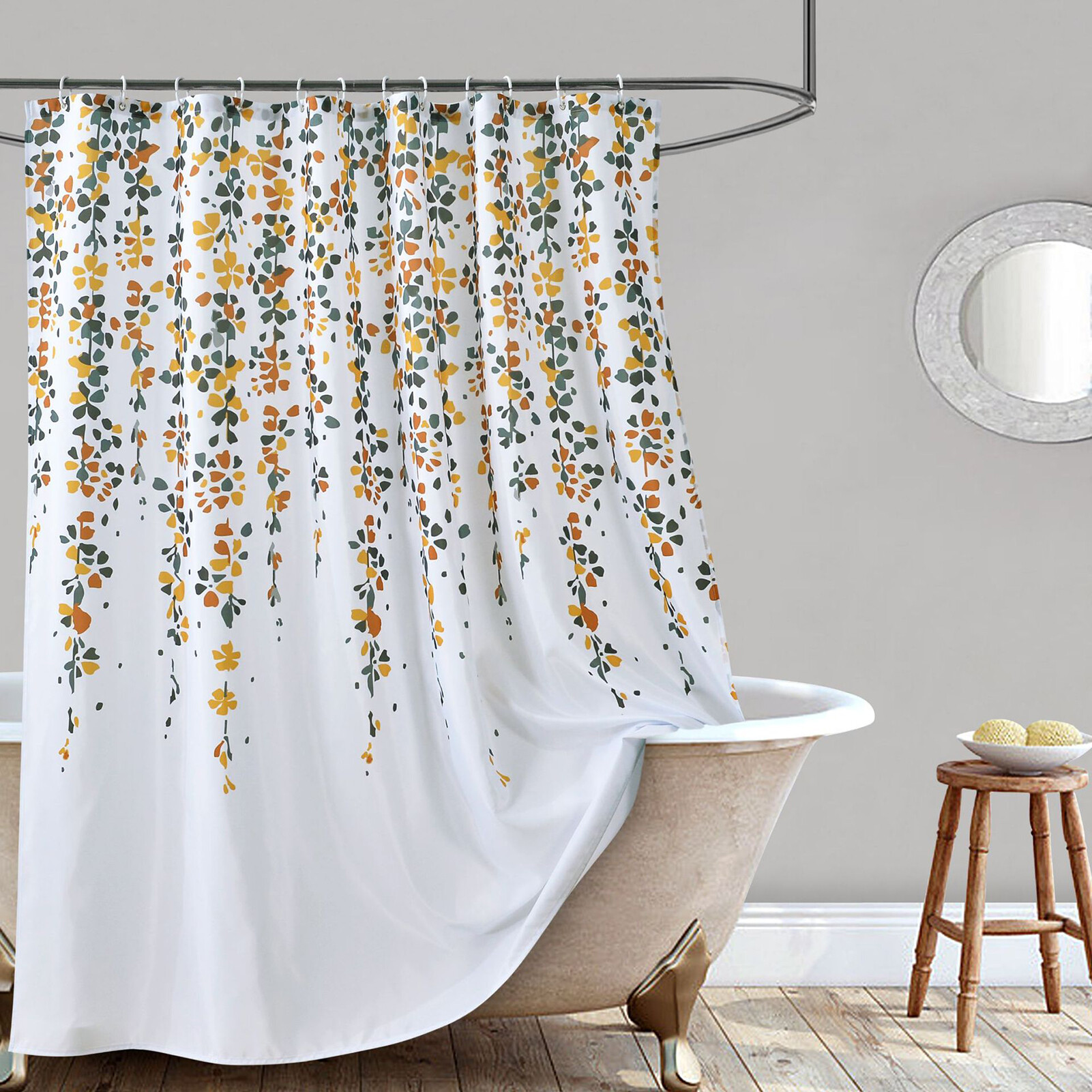 Terylin Shower Curtain Soft Splash-proof Polyester Floral Printing Bathroom Drape for Daily Use