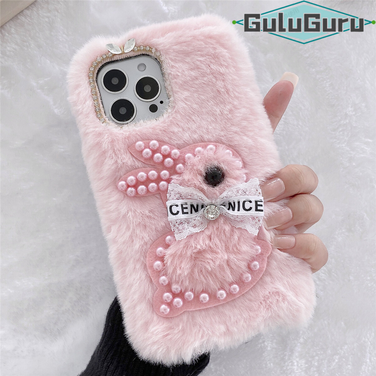 for Redmi Note 8 9 9S 10 10S 11 11S Pro Max Furry Rabbit Case, Cute Plush Bunny Cartoon Doll with Pearl + Luxury Rhinestone Soft Warm Fur Fluffy Protective Case Cover