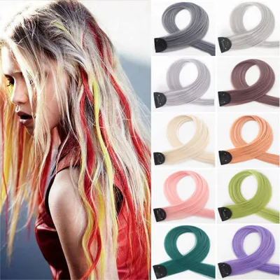 Single Women Highlighting Seamless Rainbow Invisible Synthetic Clip In One Piece Fake Hairpiece Hair Extensions Long Straight Hair