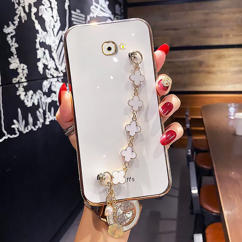 AnDyH Straight Edge Plating Phone case For Samsung Galaxy J4 Plus casing,Precise Camera Protection cases Cute girl style cover with Four leaf clover bracelet