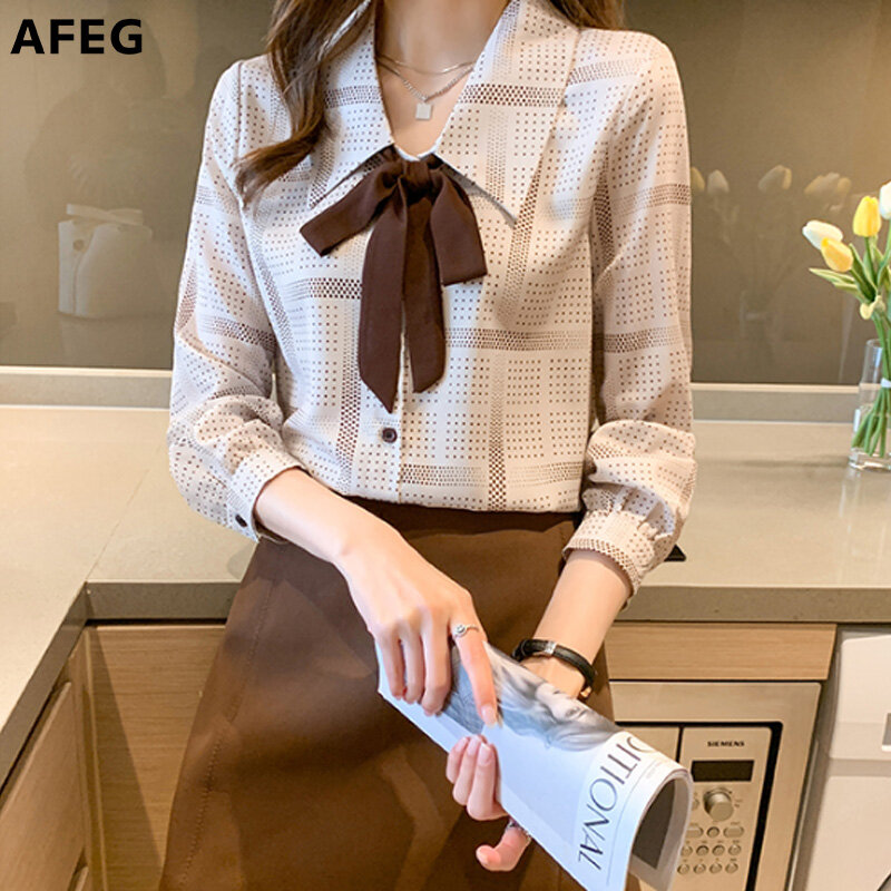 AFEG new Korean style long-sleeved lace-up bow-knot printed shirt for women