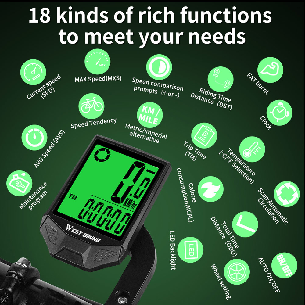 WEST BIKING Bike Computer Wire less Speedometer Odometer Waterproof LCD Backlight Cycling MTB Bicycle Computer Stopwatch Night Light Anti-interference