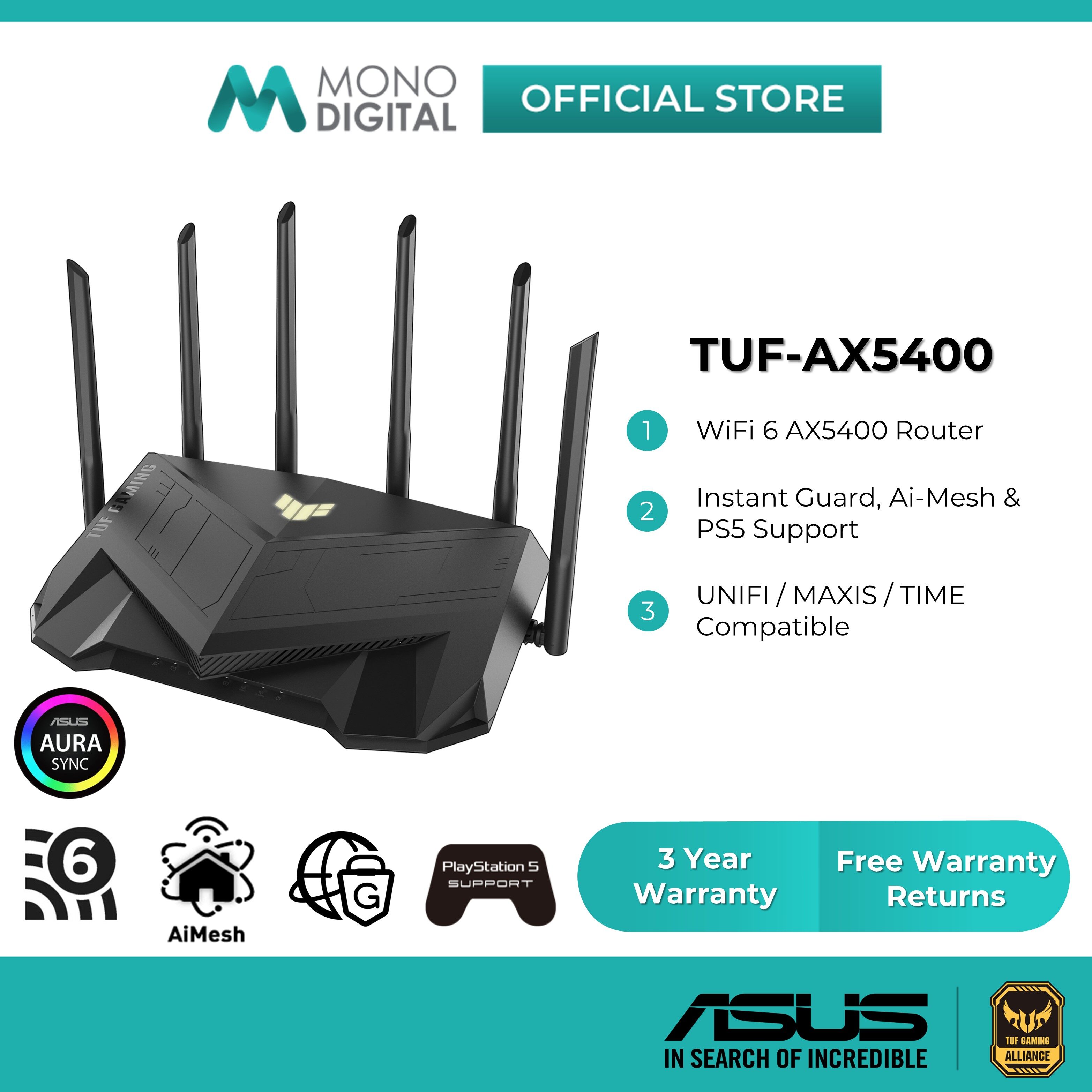 Asus TUF-AX5400 Dual Band WiFi 6 AX5400 RGB Gaming Router Supports Ai ...