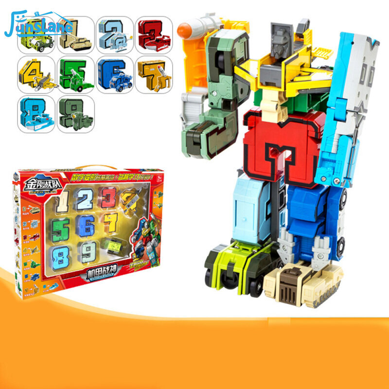 FunsLane 10 ชิ้น 0-9 หุ่นยนต์ปริศนา Creative Assembling Building Block Puzzle ดิจิตอลตุ๊กตาแปลงสภาพหุ่นยนต์เปลี่ยนเครื่องบินรถเด็กของขวัญของเล่นเพื่อการศึกษา Building Block Assembling Action ของเล่นรุ่น
