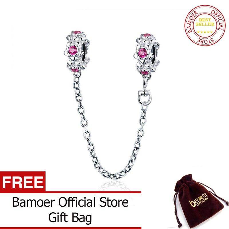 BAMOER 925 Sterling Silver Fairy Flower Garland Pink CZ Safety chain Stopper Charms fit Charms Bracelets Silver Jewelry BSC035 Feb