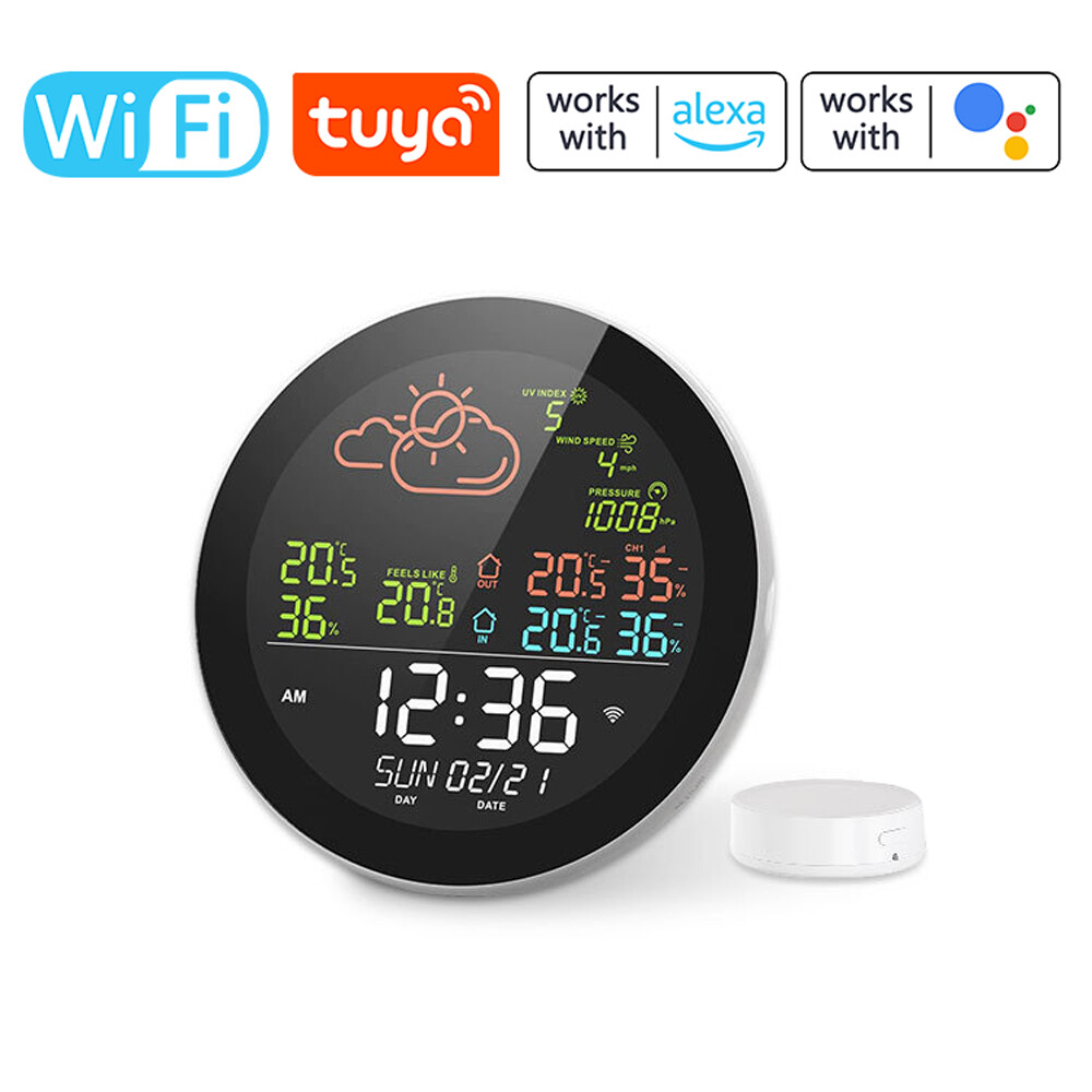 KKmoon Tuya Wifi Multifunctional Home/Office Weather Station Color Digital Display Clock Outdoor and Indoor Temperature Tester Hygrometer Weather Forecast Table Clock Compatible with Smart Life
