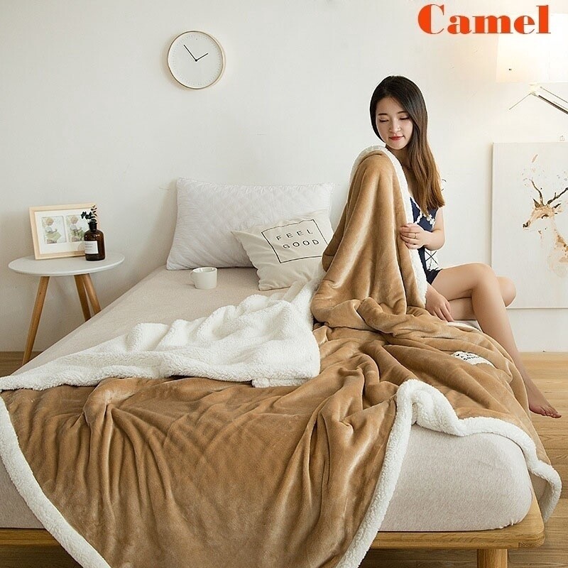 Chăn Vải Flanen Nhung Lông Cừu Hai Lớp Siêu Mềm Chăn Giường Đệm Cỡ Queen King