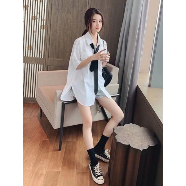 Áo sơ mi ulzzang kèm cà vạt phối sét hàn quốc