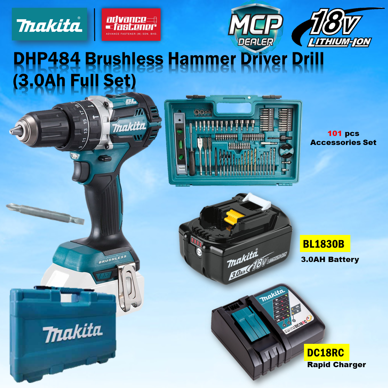 MAKITA DHP484RFX6 / DHP484 18V Cordless Hammer Driver Drill Combo Set