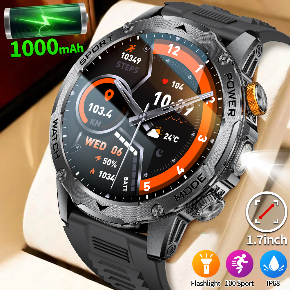 Lige mới đồng hồ thông minh người đàn ông 1000mAh dung tích lớn Pin đèn pin ngoài trời cuộc gọi Bluetooth thể dục thể thao không thấm nước Đồng hồ thông minh cho Android IOS