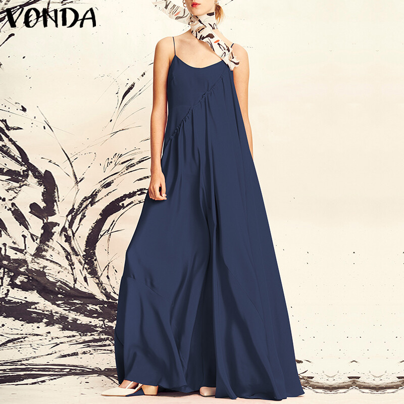 VONDA Summer Women V Neck Strap Sleeveless Evening Party Loose Solid Casual Plus Long Slip Dress