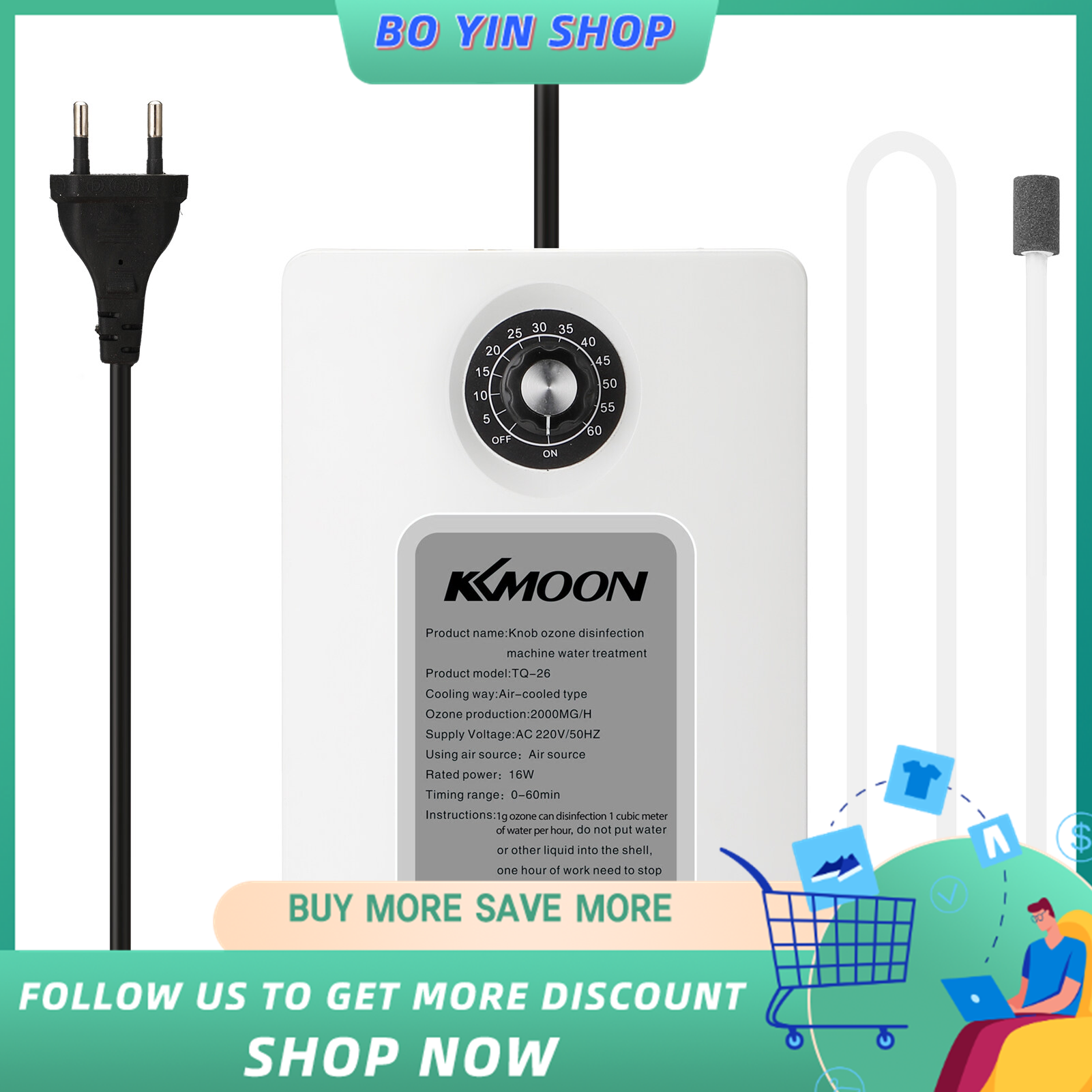 BO YIN KKmoon TQ-26 Portable Active Ozone Machine Generator Purifier 2000mg/h Air Freshening Water Fruit Vegetable Water Food Preparation Ozone Efficient Generators Ionizer Multipurpose Tool Household