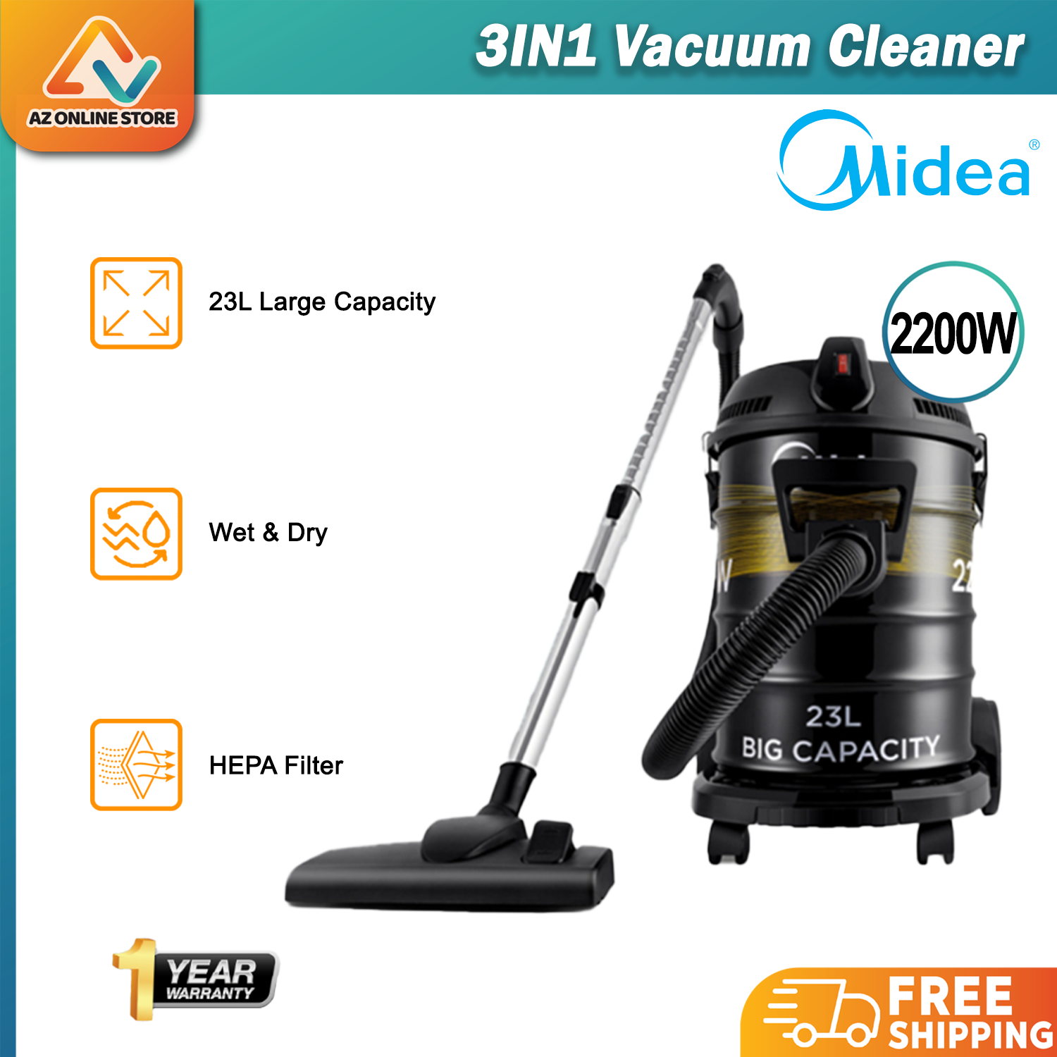 [NEW MODEL ] Midea 23L (3IN1) Vacuum Cleaner Wet & Dry & Blow MVC-D23 ...