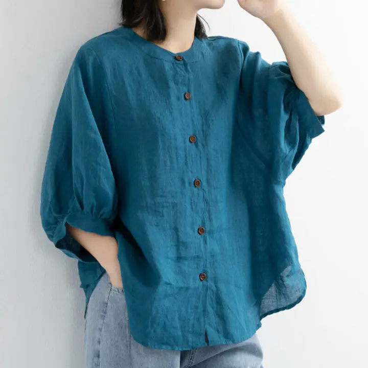 Long Sleeve Tunic Tops Women Casual Cotton Linen Button Long Shirt Blouse