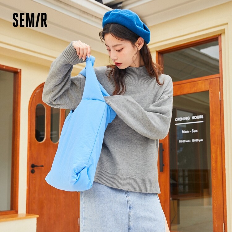 SEMIR Knit Sweater Women Half-High Collar Lantern Sleeves Basic Commuter 2021 Winter New Solid Color Split Loose Loose Sweater