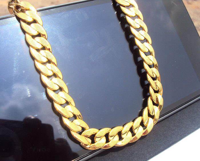 【Fire New】 Classics REAL 14 K Solid Gold FINISH two-sided sequence sand Cuban Link Chain Necklace 60 CM