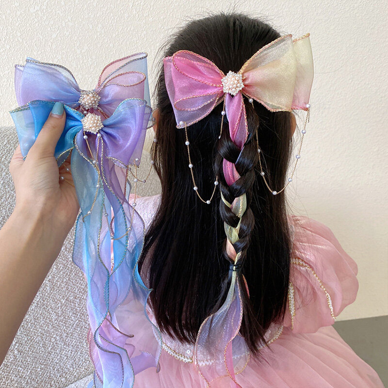 Sweet Long Ribbon Bow Hair Clips For Girls Colorful Chiffon Hairpin Children Kids Barrettes Hair Accessories