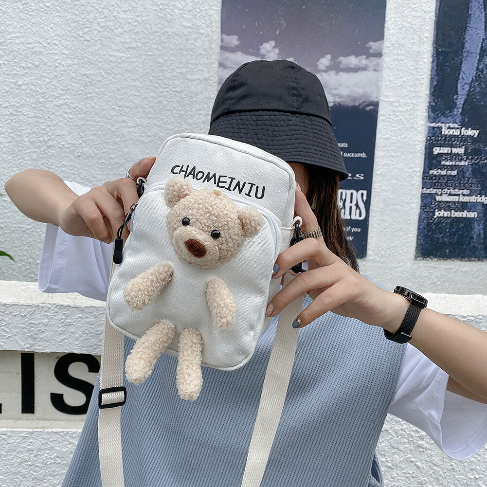 BAGOO Korean Fashion Canvas Crossbody Handbag Women Girls Cute Bear Doll Decor Shoulder Bags Daily Travel Zipper Phone Pouch
