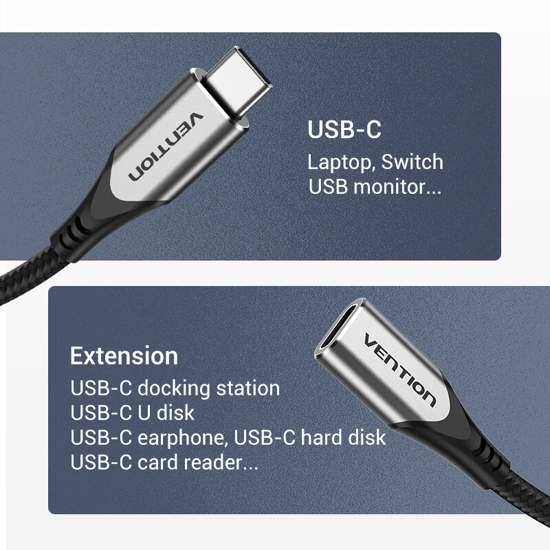 Vention USB 3.2 Gen2 Loại C Cáp nối 10gbps truyền dữ liệu 4K 60Hz 5A 100W PD sạc điện thoại iPhone nhanh Huawei Samsung Xiaomi máy tính bảng máy tính xách tay MacBook chuyển đổi USB C Nam để C dây dây kéo dài đầu cái