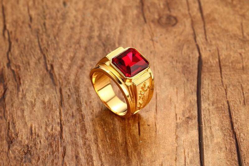 Desain Klasik Permata Bertatahkan Cincin Emas Pria Aksesoris Perhiasan Dua Warna Opsional 16 Mm Baja Anti Karat Biru Ruby Cincin Emas Permata Imitasi Pesta Pernikahan Natal Hadiah dengan Premium kotak amerika Serikat Ukuran 7,8, 9,10, 11